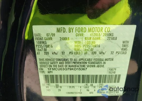 2009 Ford Escape Xlt из США, поврежденный, VIN 1FMCU03G79KD15367